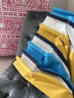DESIGNER SILK SATIN WIDE STRIPE BLUE YELLOW STRIPE BLACKOUT BESPOKE CURTAINS - Image 1 of 4