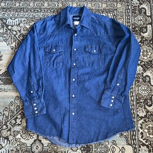 VTG Wrangler Shirt Blue Denim Pearl Snap Long Tail Western 16 1/2 X 33 - Picture 1 of 14