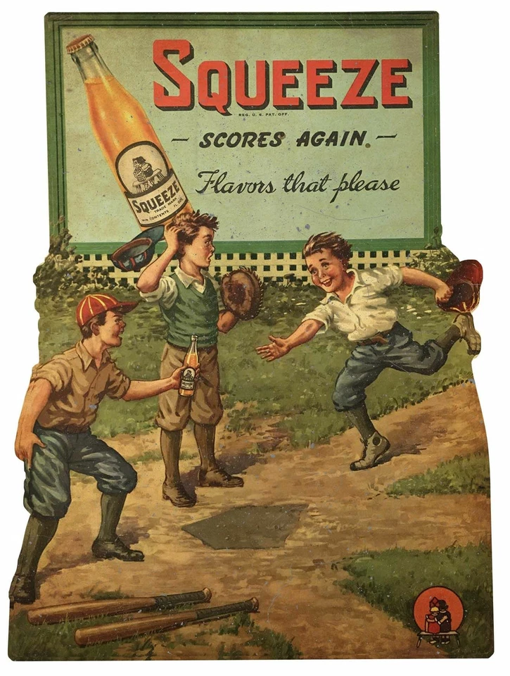 SQUEEZE SCORES AGAIN BASEBALL GAME 24" HEAVY DUTY USA MADE METAL SODA ADV SIGN - Image 1 of 1
