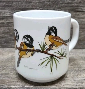 Vintage Arcopal France Milk Glass Coffee Mug Cup Chickadee Bird Signed R Carman - Picture 1 of 9
