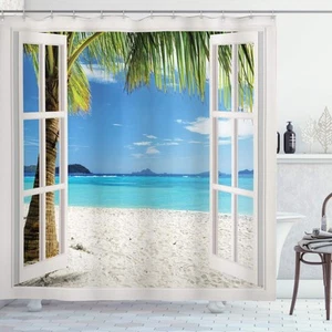 Turquoise Shower Curtain Beach Home Tropical Palms on Island Ocean Through Wh... - Picture 1 of 3