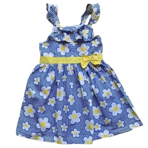 Nannette Blue White Yellow Floral Sleeveless Girls Sundress with Ruffled Pleats - Picture 1 of 7