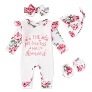 Newborn Baby Girl Romper Infant Letter Print Bodysuit Floral Jumpsuit+Hat+Hea... - Picture 1 of 7