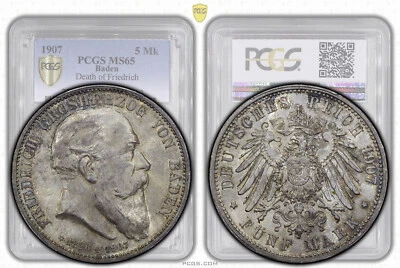 Germany, Baden, Friedrich I, 5 Mark 1907, Friedrich's death, PCGS MS 65 - Image 1 of 4