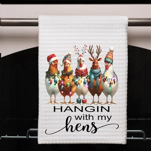 Christmas Dish Towel Waffle Weave 16x24 Absorbent Hens Kitchen Holiday Decor - Picture 1 of 7