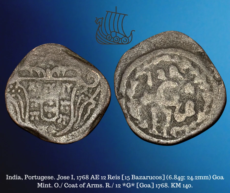 1768 Portugese India AE Bronze 12 Reis 15 Bazarucos Jose I Goa Mint Indian Coin - Image 1 of 4