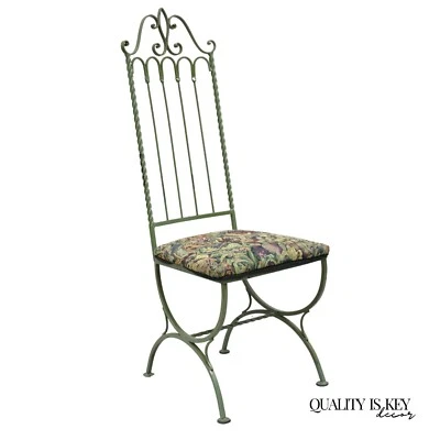 Silla de comedor individual vintage gótica estilo Hollywood Regency verde hierro forjado Foto 1 de 4
