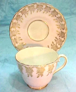 ADDERLEY BONE CHINA PINK & GOLD ENCRUSTED FLOWERS & LEAVES CUP & SAUCER H452 - Picture 1 of 4