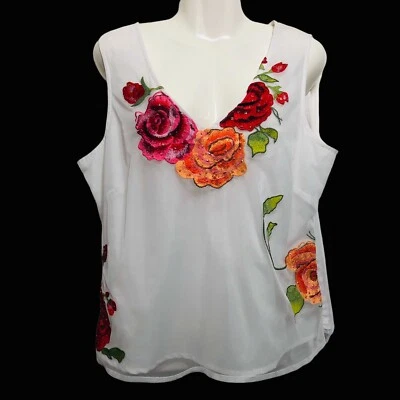 Spiegel Sleeveless Blouse Size 14 White Red Orange Sequins Rose Embroidery Top - Image 1 of 4