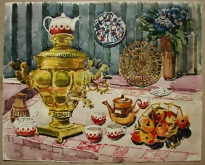 Ukrainian Soviet Watercolor Painting Still Life samovar teapot apples  - Photo 1 sur 5