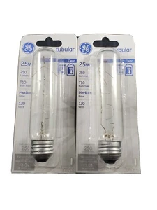 2 GE 25 Watt Tubular 25T10 Picture Appliance aquarium cabinet light bulb clear - Picture 1 of 4
