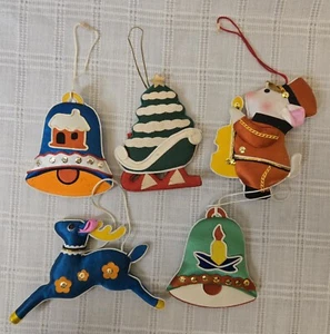 Set Of 5 Vintage Satin Christmas Tree Ornaments EUC Bells, Deer, Mouse - Picture 1 of 10