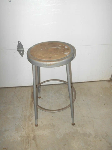 Vintage Metal Bar Or Garage Stool w/ Fiber Board Seat & Adjustable Legs Sturdy Cover