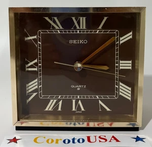 Seiko Orologio da Tavolo Quarzo Giappone Metallo QZ586G Numeri Romani Quadrato Vintage - Testato - Foto 1 di 11