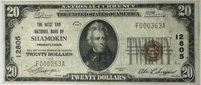 1929 $20 West End National Bank Shamokin - CH#12805 F00363A - Bonito brillante XF+ Foto 1 de 4