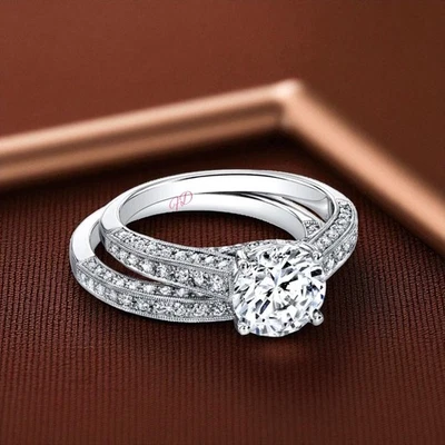 Engagement Diamond Ring Set in 14K White Gold 1.75 Ct Lab Grown Round Cut - Image 1 of 4