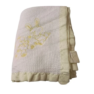 Manta gofre bordada vintage Carters blanca amarilla satinada oso conejito Foto 1 de 4