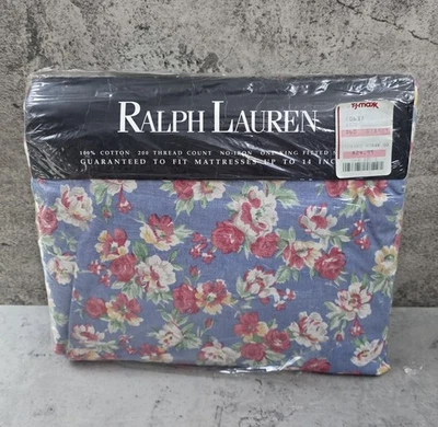 Vtg Ralph Lauren HOPE FLORAL King Fitted Sheet Blue NOS - Image 1 of 4