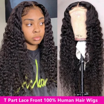 Deep Wave Brazilian Human Hair Lace Front Wigs 150% Density T Part Pre Plucked - Image 1 of 4