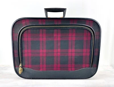 1960's Red Plaid Zippered Carryon Luggage Tartan with Original Key Vintage MCM - Image 1 of 4