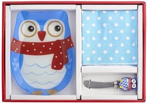 Búho azafata conjunto de regalo servilletas esparcidor de platos de vidrio nuevo en caja lsarts - Imagen 1 de 1