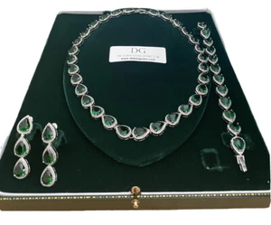 White gold finish Emerald & created diamond pearcut necklace earrings & bracelet - Picture 1 of 3