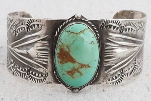 Antique Old Pawn Native American Navajo Turquoise Ingot Silver Cuff Bracelet - Picture 1 of 12