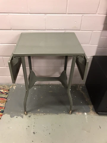 VTG DROP LEAF TYPEWRITER TABLE GREY METAL MCM RETRO WHEELS 34.5” WIDE OPEN Cover