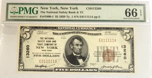1929 $5.00 New York New York National Safety Bank & TC PMG 66 EPQ Charter #13260 - Picture 1 of 2