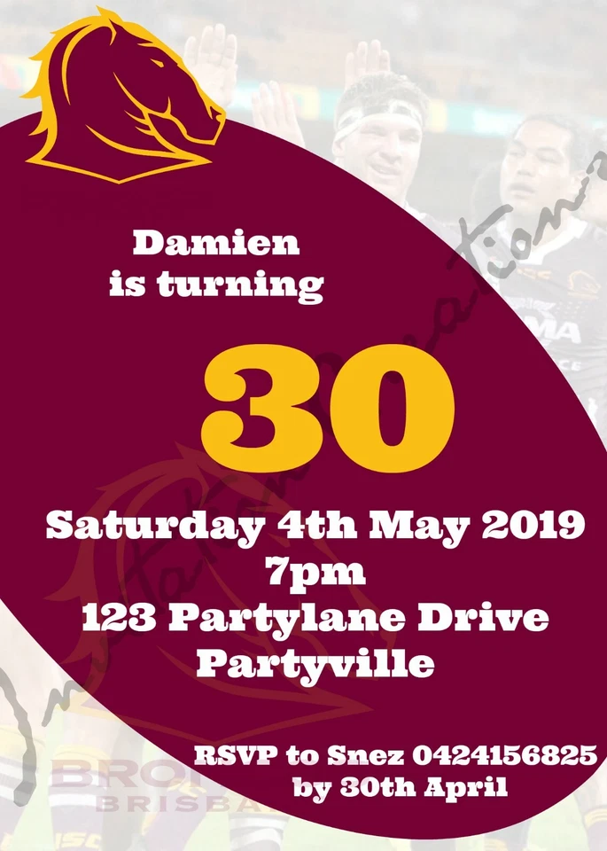 Hágalo usted mismo Impresión Personalizada NRL EQUIPO DE FÚTBOL BRISBANE BRONCOS Invitaciones de Fiesta de Cumpleaños Foto 1 de 1
