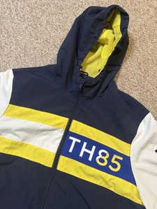 Tommy Hilfiger Jacket Mens Medium Blue Yellow White Hooded Windbreaker TH85 Logo - Picture 1 of 15