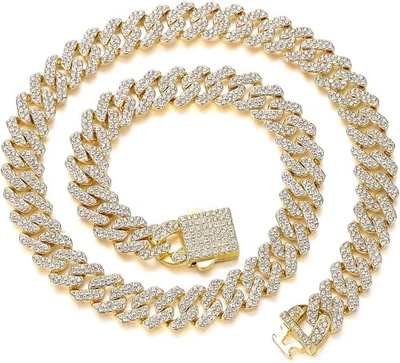 Cadena de eslabones cubanos para hombre Ice Out Miami collar cubano plateado/dorado bling cubi Foto 1 de 4