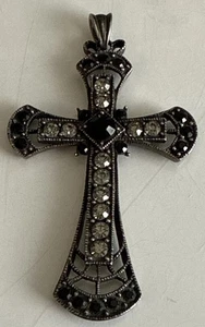 Vintage christlich religiös mit Schmucksteinen besetzter 2,5" Silber Kreuz Anhänger - Bild 1 von 4