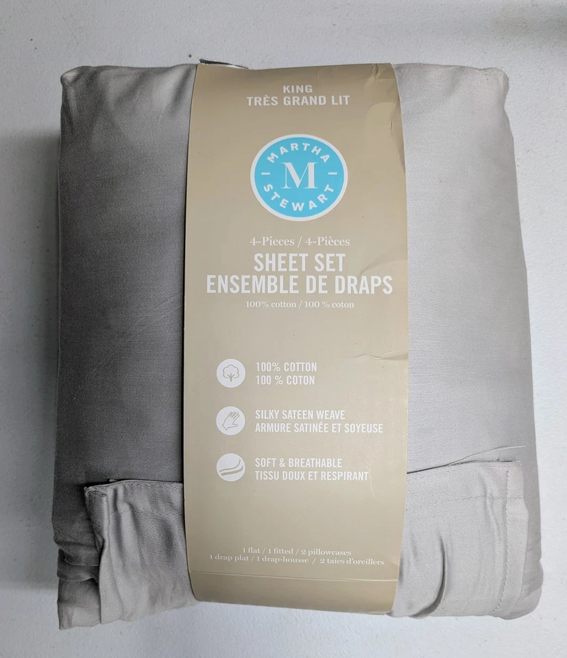 Juego de Sábanas King 100% Algodón MARTHA STEWART - 4 Piezas - Gris - Nuevo con Etiquetas Foto 1 de 2