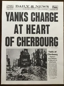 PERIÓDICO/PÓSTER DE LA SEGUNDA GUERRA MUNDIAL 1944 1 PÁGINA (2 LADOS) “YANKS CARGAN EN EL CORAZÓN DE CHERBURGO” - Imagen 1 de 22