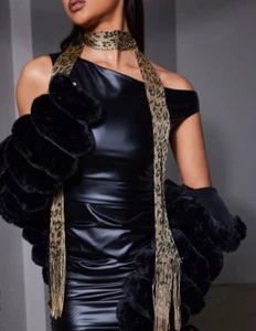 Gold Black Leopard Animal Print Scarf Shawl Sparkle Mesh Fringed Wrap - Picture 1 of 4