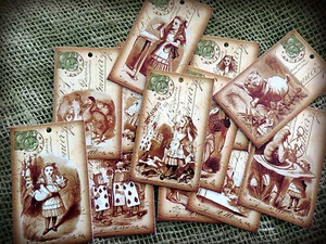 12 Alice in Wonderland Vintage Post Card Style Mini Gift Tags - Picture 1 of 4