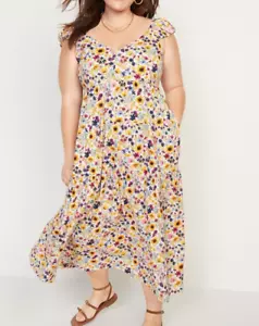 Old Navy Yellow Wildflowers Floral Smocked Maxi Dress 3X Tiered Pockets Cottage - Picture 1 of 11