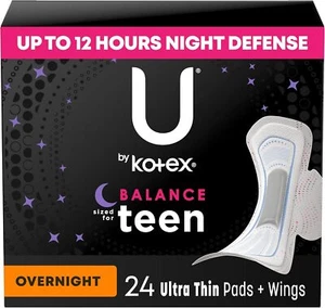 U by Kotex Balance Sized for Teens Ultra Thin Overnight Pads with Wings, 24 May - Picture 1 of 1