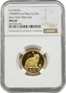 1990 Isle of Man Gold New York Alley Cat Series 1/5 oz Crown Coin 0.20 NGC MS 68 - Picture 1 of 2