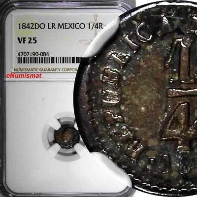 MEXICO Silver 1842 DO LR 1/4 Real Quarto NGC VF25 Durango SCARCE KM# 368.2 (084) - Image 1 of 4