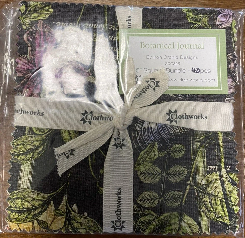 HTF Botanical Journal Fabric 5" Charms 40 Pcs Iron Orchid SQ 0326 Clothworks - Image 1 of 4
