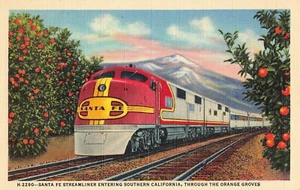 Kalifornien Postkarte Santa Fe Streamliner Orange Groves Fred Harvey um 1941 A4 - Bild 1 von 2