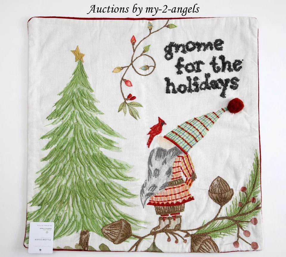NEW Pottery Barn GNOME FOR THE HOLIDAYS EMBROIDERED PILLOW COVER 20x20 Christmas - Image 1 of 1