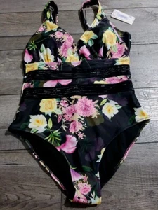 Women's Tummy Control One Piece Swimsuits V Neck Mesh Monokini Swimwear Sz XL - Picture 1 of 6