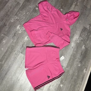 Herren Adidas Fleece Pink/Schwarz Hoodie & Sweat Shorts Oberteil Größe M Unterteil Größe L - Bild 1 von 8