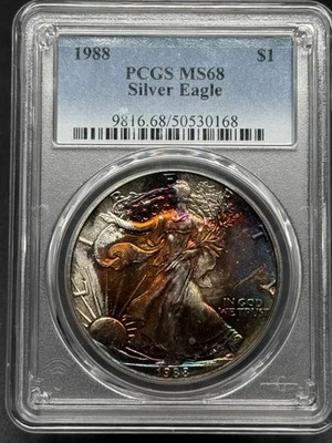 1988 American Silver Eagles PCGS MS-68 Rainbow Toning - Image 1 of 4