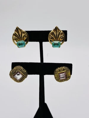 Lote de 2 pares de pendientes vintage en tono dorado con estrás de aguamarina atornillado poste trasero Foto 1 de 4