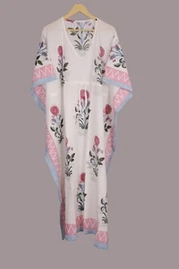 Indian Hand Block Print Cotton Kaftan Long Maxi Dress Caftan Summer 2k25 - Picture 1 of 4
