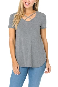Auliné Collection Womens Casual Criss Cross V-Neck Short Sleeve T-Shirt Tee Top - Afbeelding 1 van 88